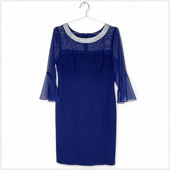 Alex Evenings Electric Blue Beaded Illusion Bell Sleeve Rhinestone Dress NWT 16 - Picture 2 of 5